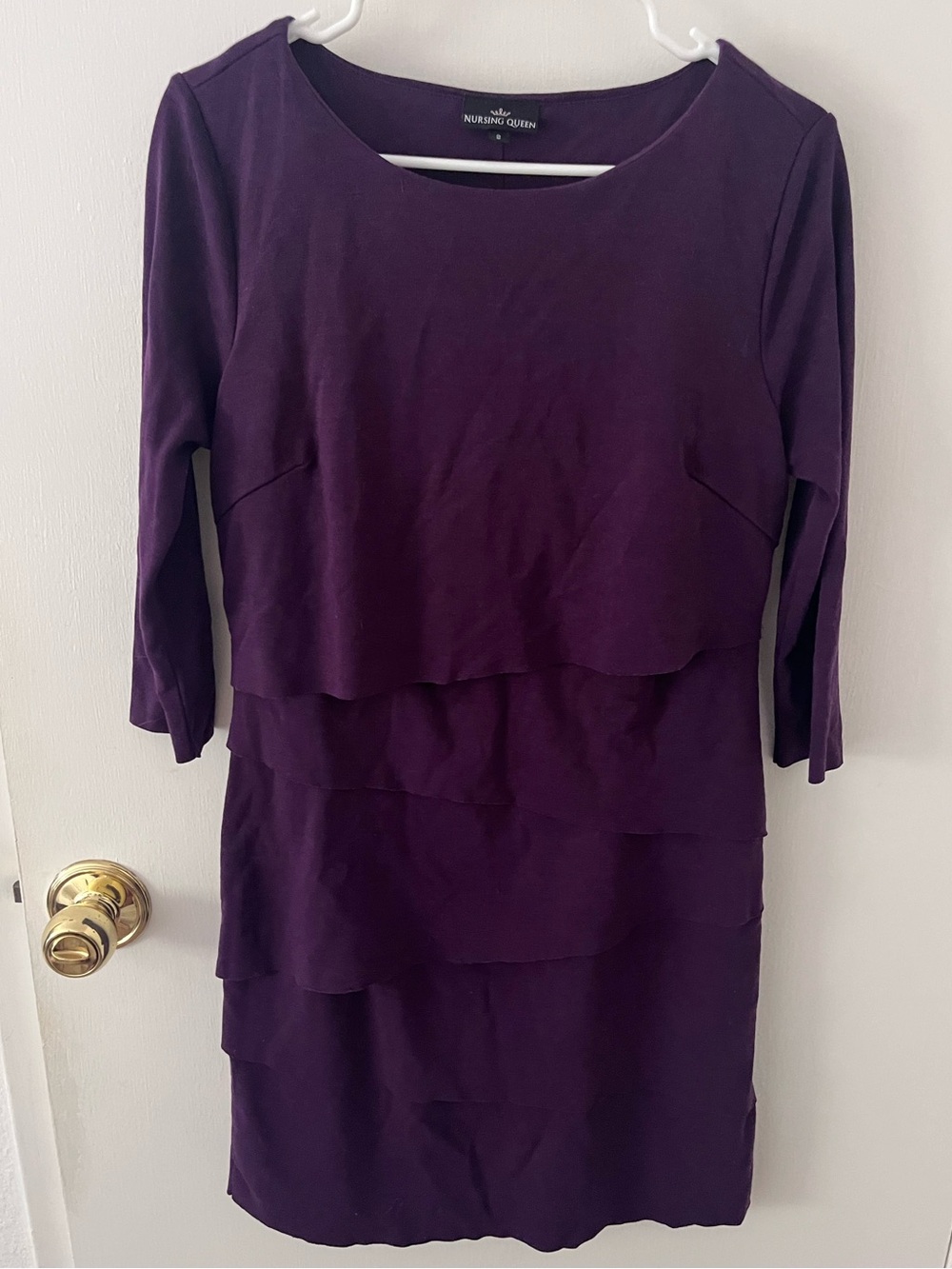 Nursing Queen Tiered Nursing Dress 3/4 Length Sleeves Purple Plum Discreet Small